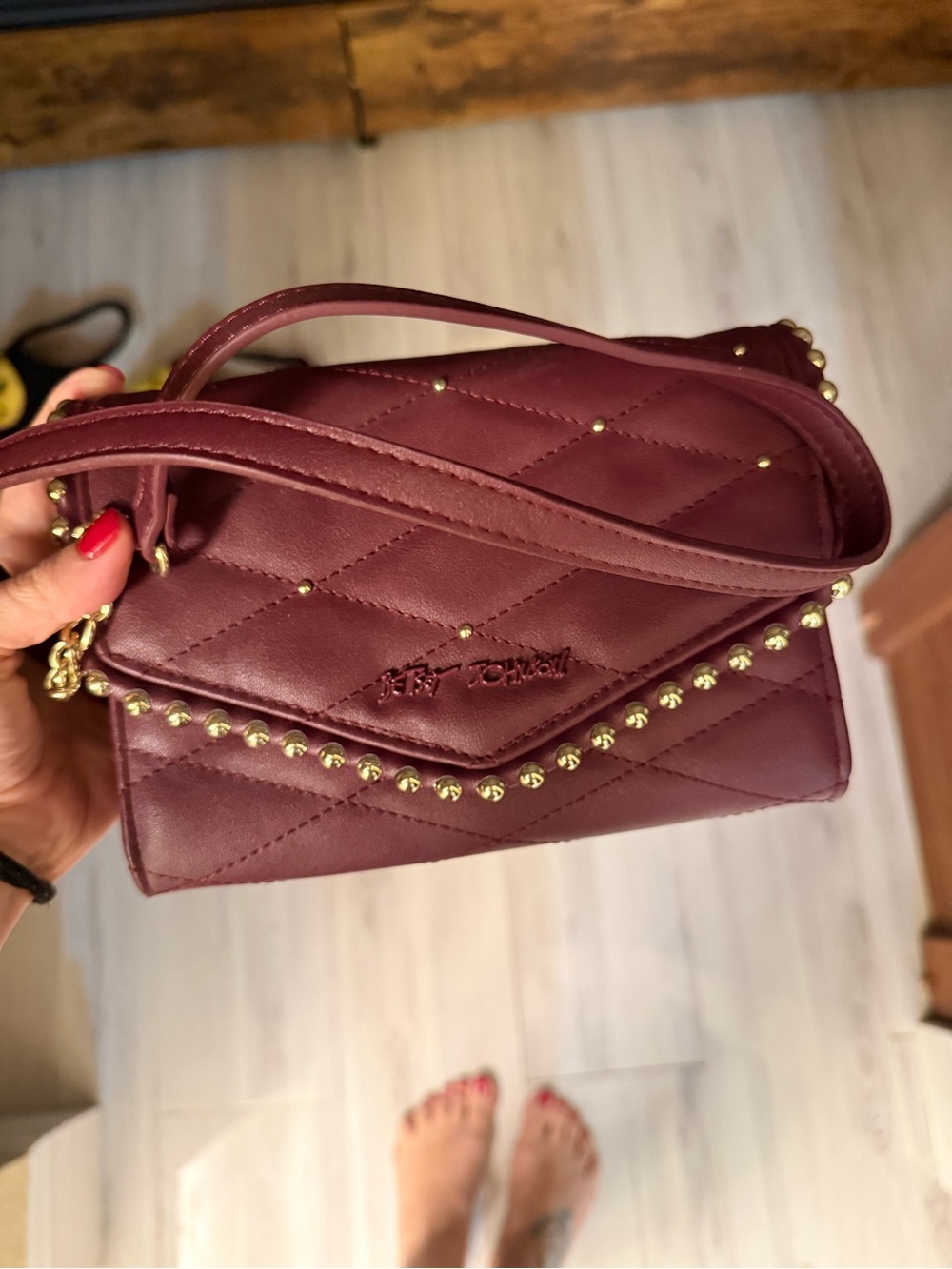 Betsy Johnson Quilted Stud Accent Shoulder Bag - Burgundy